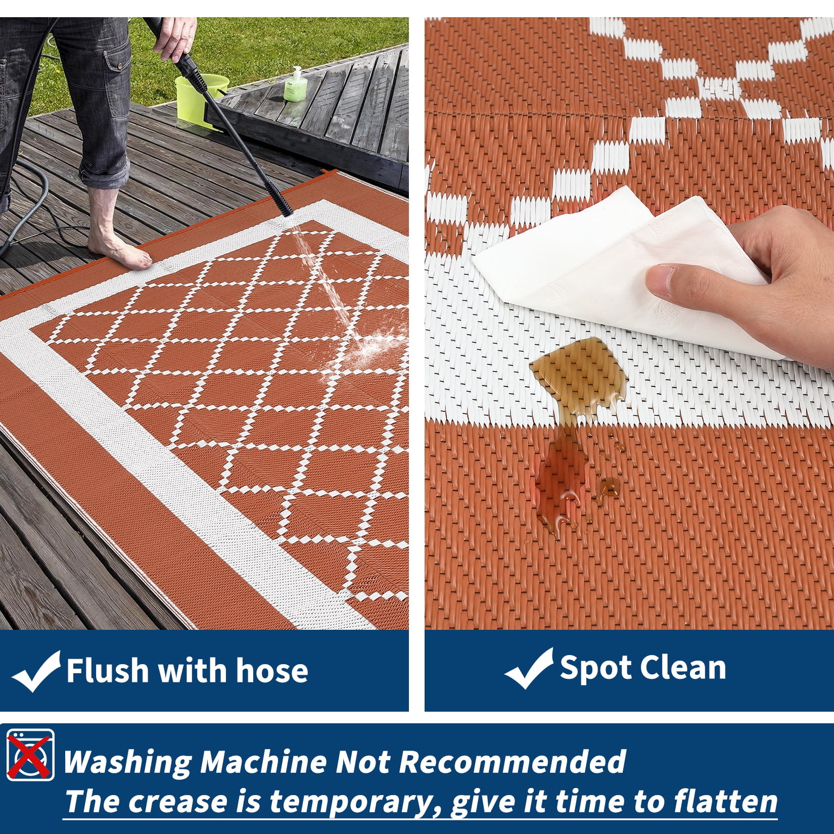 HIWEAVER 9' x 18' Orange/Red Outdoor Rug PP Plastic Straw Woven Waterproof Patio Rug with Border Portable Outside Carpet for Balcony Deck Picnic Garden Decor