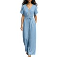 thumbnail image 2 of Sunnin Women Wide Leg Long Pants with Pockets V Neck Drawstring Waist Casual Loose Jumpsuit Pants for Women, 2 of 6