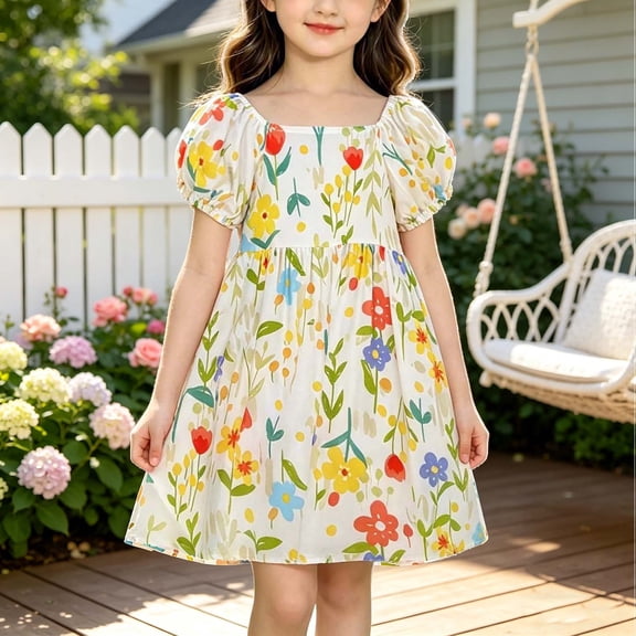 Amidoa Girls Summer Dresses A-Line Short Sleeve Dresses Casual Cotton Print Kids Sundress Multicolor Size 6
