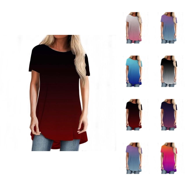 T-shirt Dégradé pour Femmes 2026 Été Tendance Manches Courtes Col Rond Ample Tunique