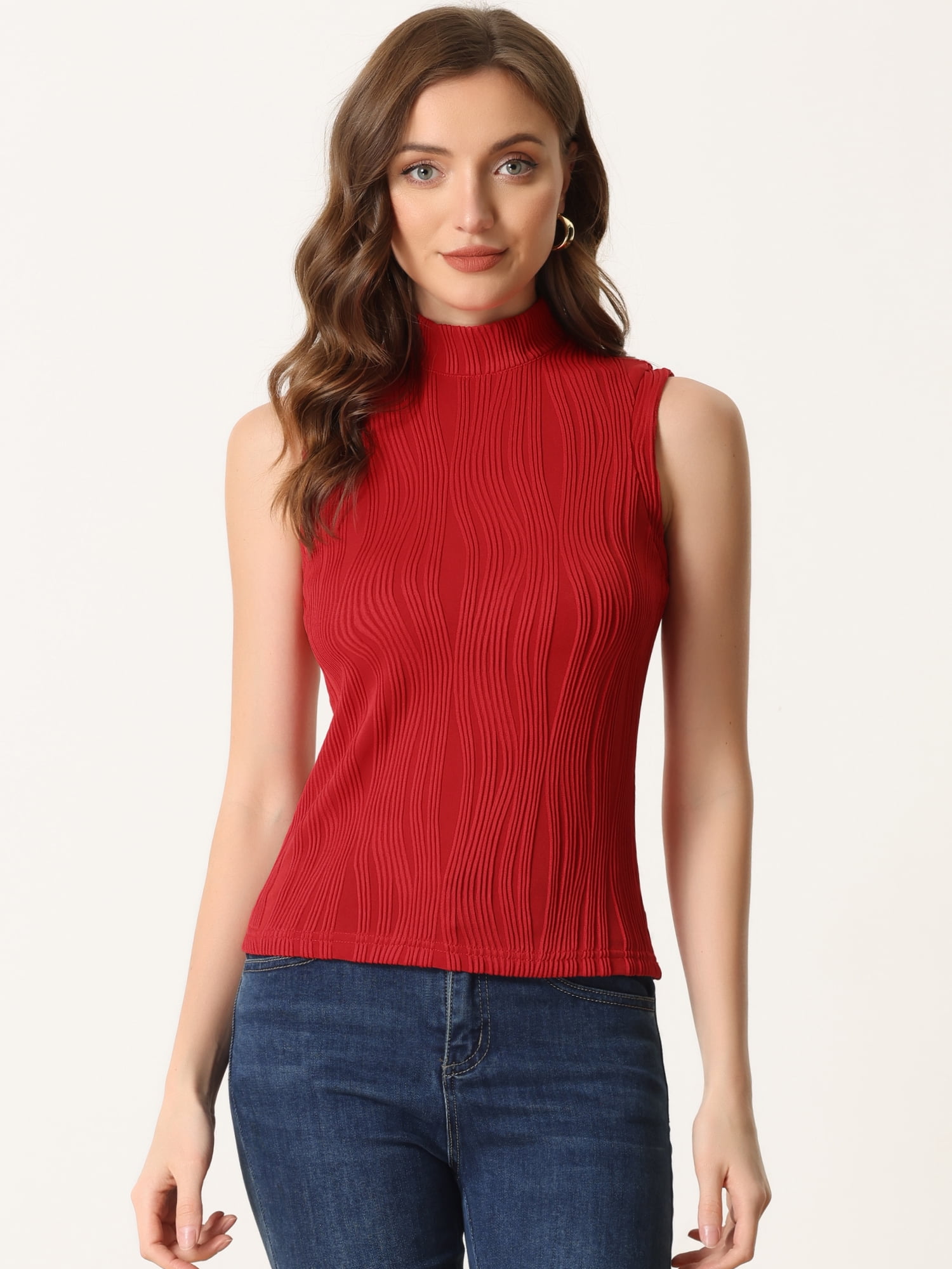 DARING DIVA Women's Sleeveless Ribbed Knit Mock Neck Tank Tops XS Red
