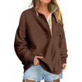 thumbnail image 2 of Only Moment Coffee Womens Long Sleeve Shirt Ladies' Button Pocket Fleece Lined Warm Sweatshirt Crew Neck Fashion Dreesy Casual Tunic Sweaters Mesh Clothes Trendy Work Cute Outfits 2XL, 2 of 5