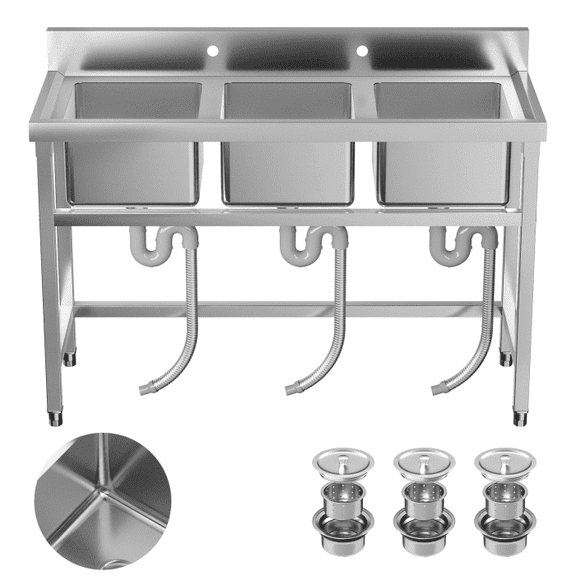 3-Compartment Commercial Sink, Freestanding Triple Bowl Sinks, 550lbs Capacity, Rust Resistant, Stainless Steel Kitchen Sink, Restaurant, Backyard for Indoor Outdoor