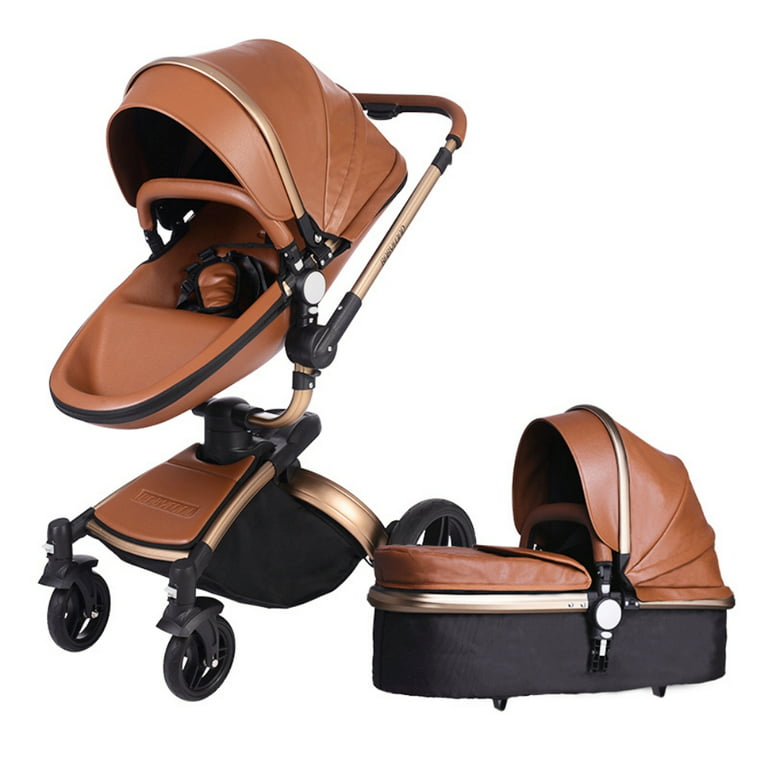Babyfond 360 Degree Rotation Baby Stroller,Foldable Pushchair Reversible  Travel System ,Baby Carriage PU Leather Pushchair Pram Brown Color