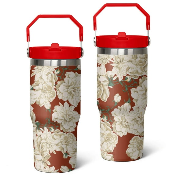 30oz White Flowers on Red Stainless Steel Tumbler with Top Handle,Pioneer Travel Coffee Mug Flip Straw Cup,Gifts for Women Girls Men Adults(crimson)