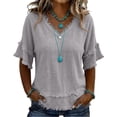 thumbnail image 2 of Womens Summer Gauze Tops Linen Raw Edge V Neck Short Sleeve and Hem Cotton Tunic Blouse Beach Vacation Tees, 3XL, 2 of 6