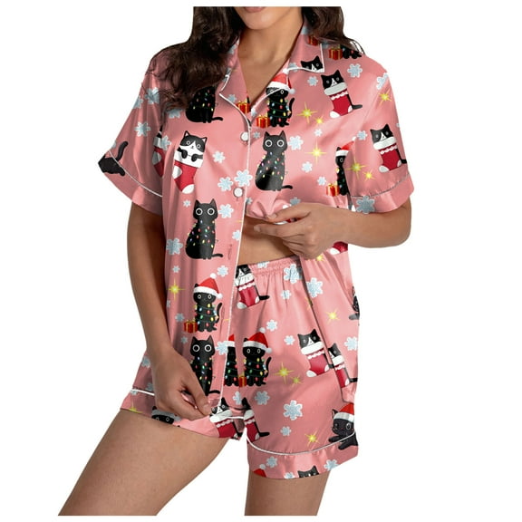 felwors Women Christmas Pajamas Set Silk Satin Short Sleeve Button Down Top and Shorts Plus Size Soft Sleepwear Lounge Xmas Pjs Pink, XXXL