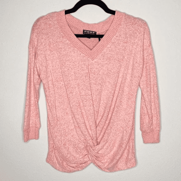 Poof NY women's Pastel Pink V-neck Twist Front 3/4 Sleeve Sweater size M $44