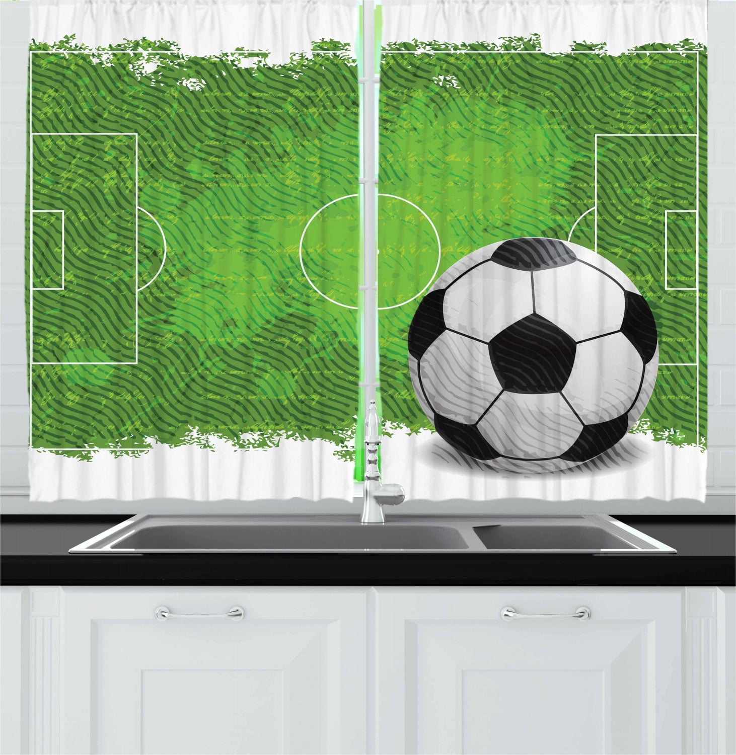 Soccer Curtains 2 Panels Set, Grunge Worn Looking Pitch Pattern Football Six Yard Box Vintage Illustration, Window Drapes for Living Room Bedroom, 55W X 39L Inches, Green Black White, by Ambesonne