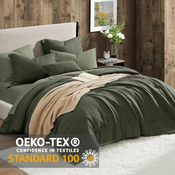 Dark Olive Green Queen Comforter Set - 7 Pieces Comforter Queen Size, Solid Bedding Set for All Season, Textured Bed in a Bag with Sheets