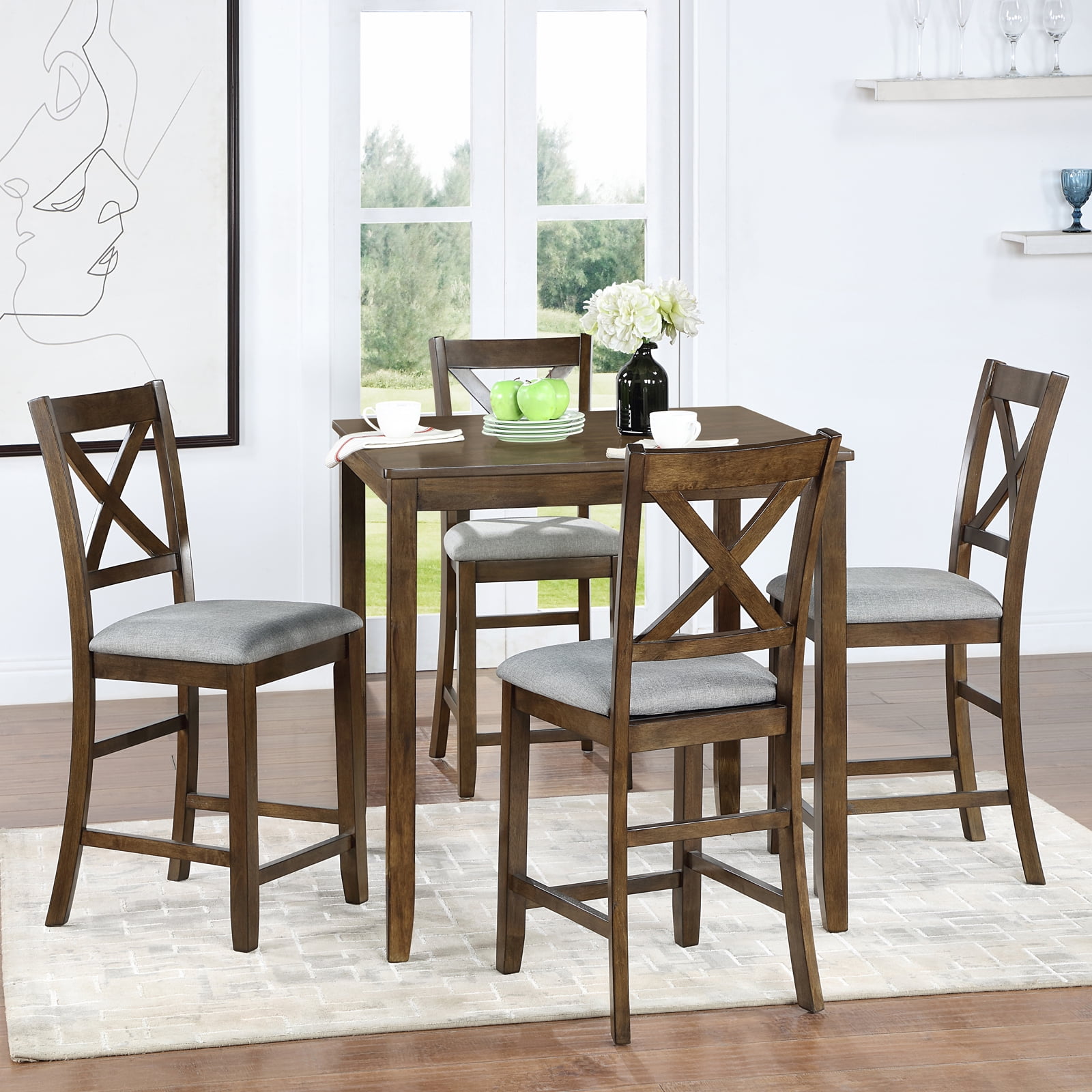 MAYEERTY 5 Piece Dining Table Set, Wooden Dining Square Table Set for 4, Counter Height Kitchen Table Set with Square Table and 4 Upholstered Chairs for Small Space, Walnut