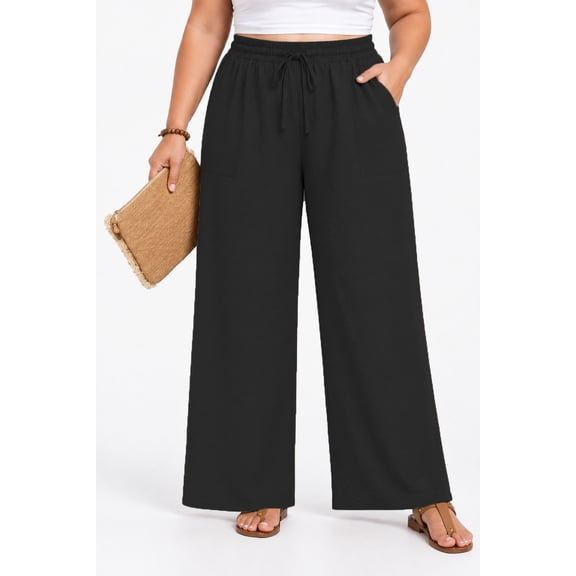 WUJINXIA Womens Plus Size High Waist Drawstring Wide Leg Palazzo Pants Casual Daily Trousers With Pockets 1X-5X