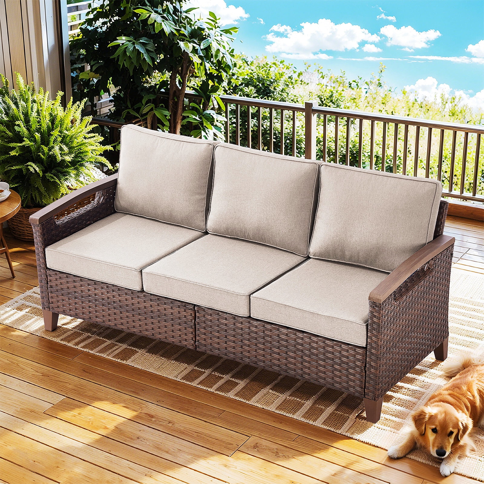Bellefurn Wicker Patio Sofa Outdoor Couch,Patio 3 Seater Sofa Outdoor Rattan Furniture Sofa with Non-Slip Thick Cushions for Outdoor,Garden,Lawn,Backyard