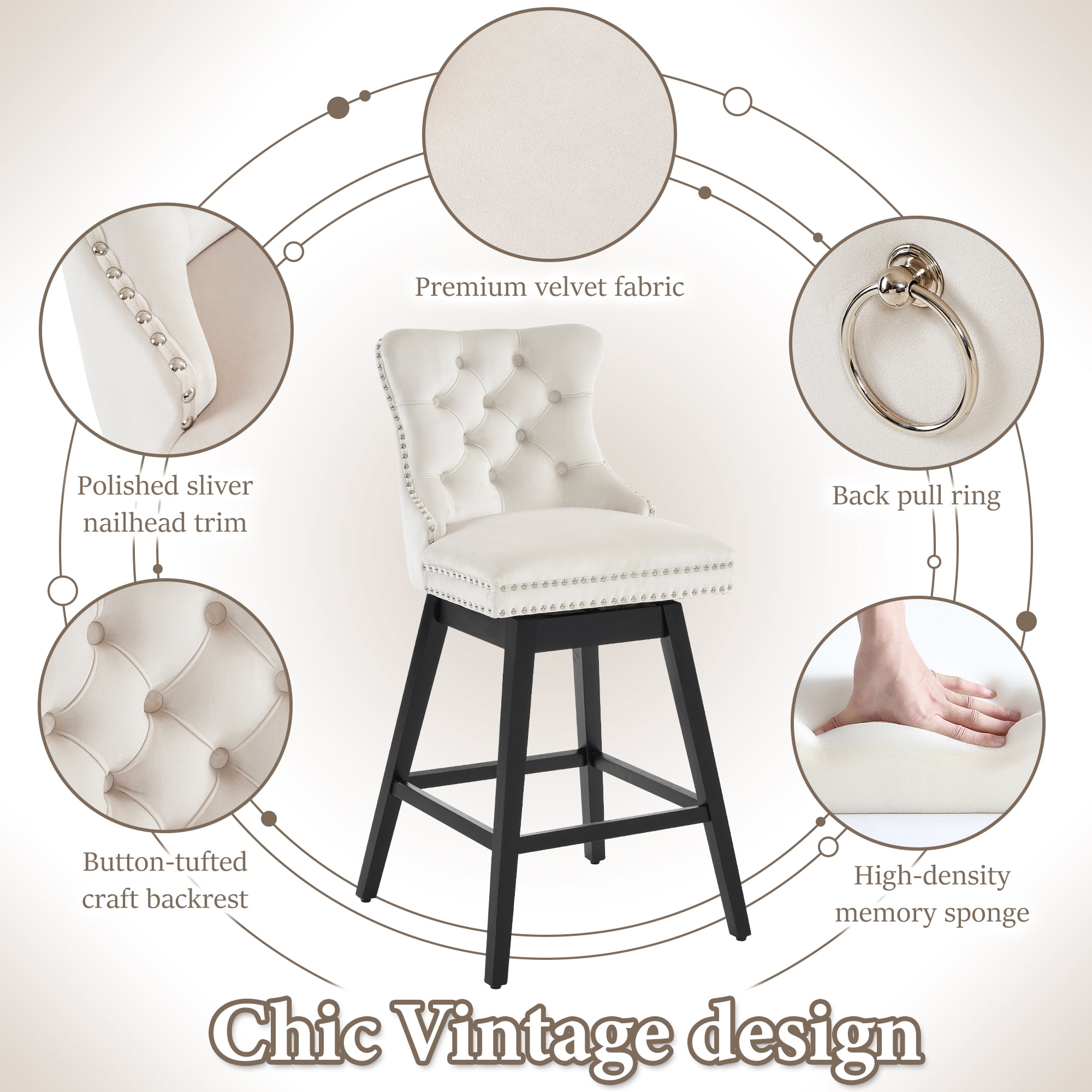 TEWLOSS 26" Swivel Counter Height Bar Stools Set of 4, Beige Velvet Kitchen Stools with Back