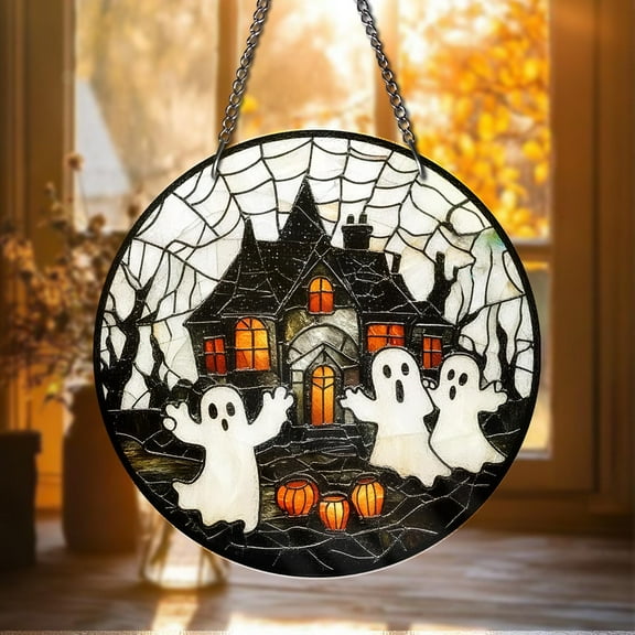 Halloween Ghost Stained Glass Suncatcher Haunted House & Ghosts Window Decor Spooky Fall Home Decoration Handcrafted Gothic Halloween Art