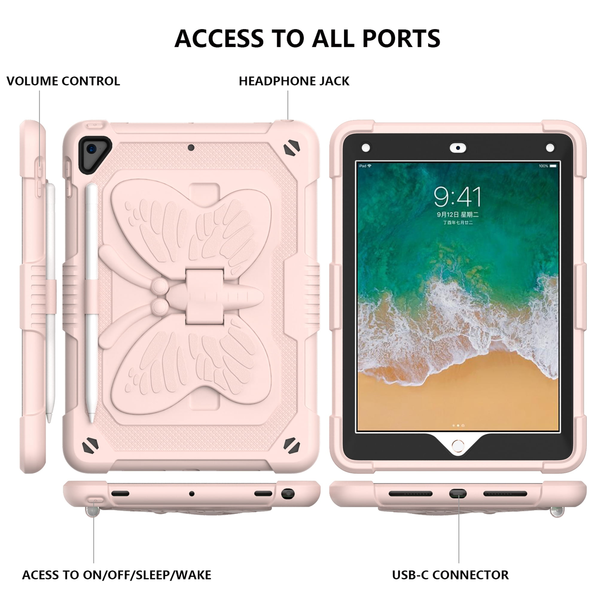 Dteck for iPad 6th 5th Generation Case with Kickstand Butterfly Wings Pencil Holder, Heavy Duty Hard Rugged Protective Cover Kids Girls for 9.7 inch iPad 6th/5th Gen/Air 2,Pink
