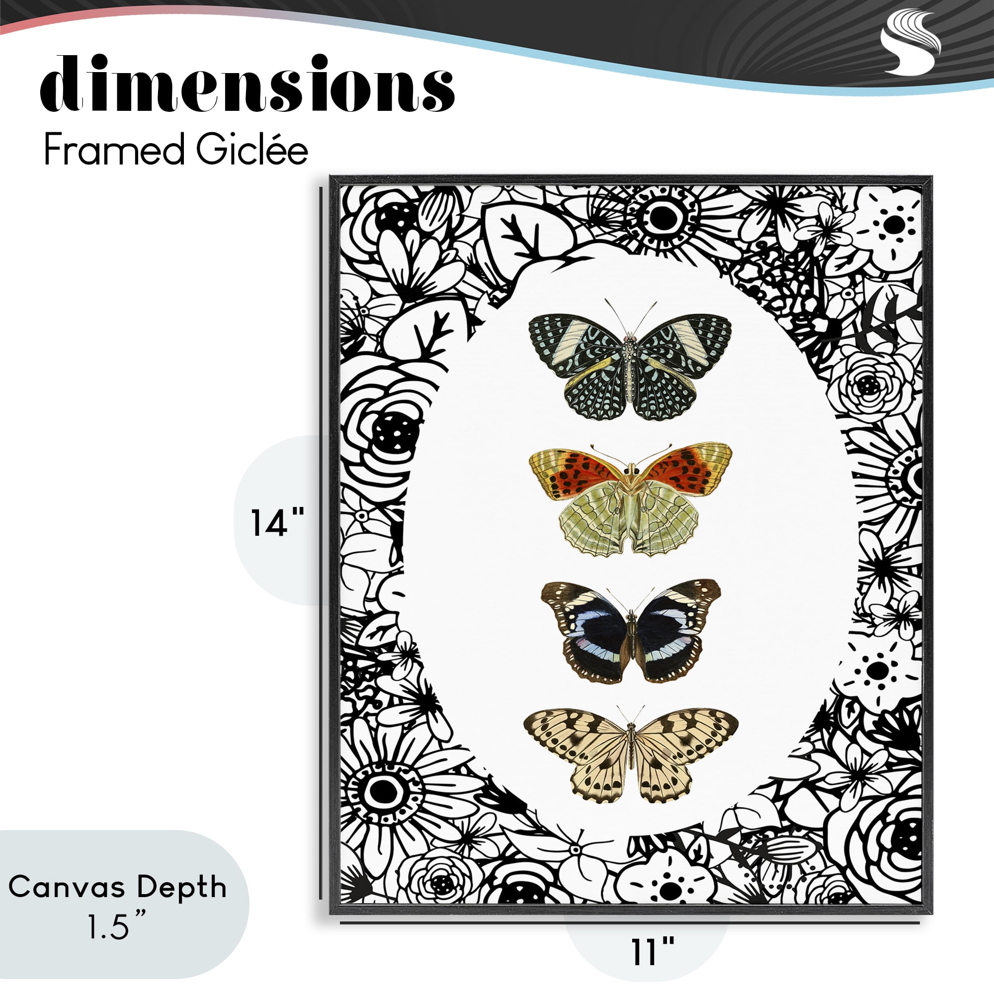 Stupell Industries Floral Butterfly Lineup Black Framed Giclee Art, design by Dan Meneely