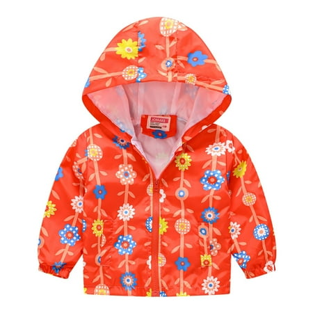 

BIZIZA Toddler Jacket Hooded Coat Zip Up Cartoon Print Pockets Long Sleeve Tops 1-6Y Chlid Baby Vermilion 120