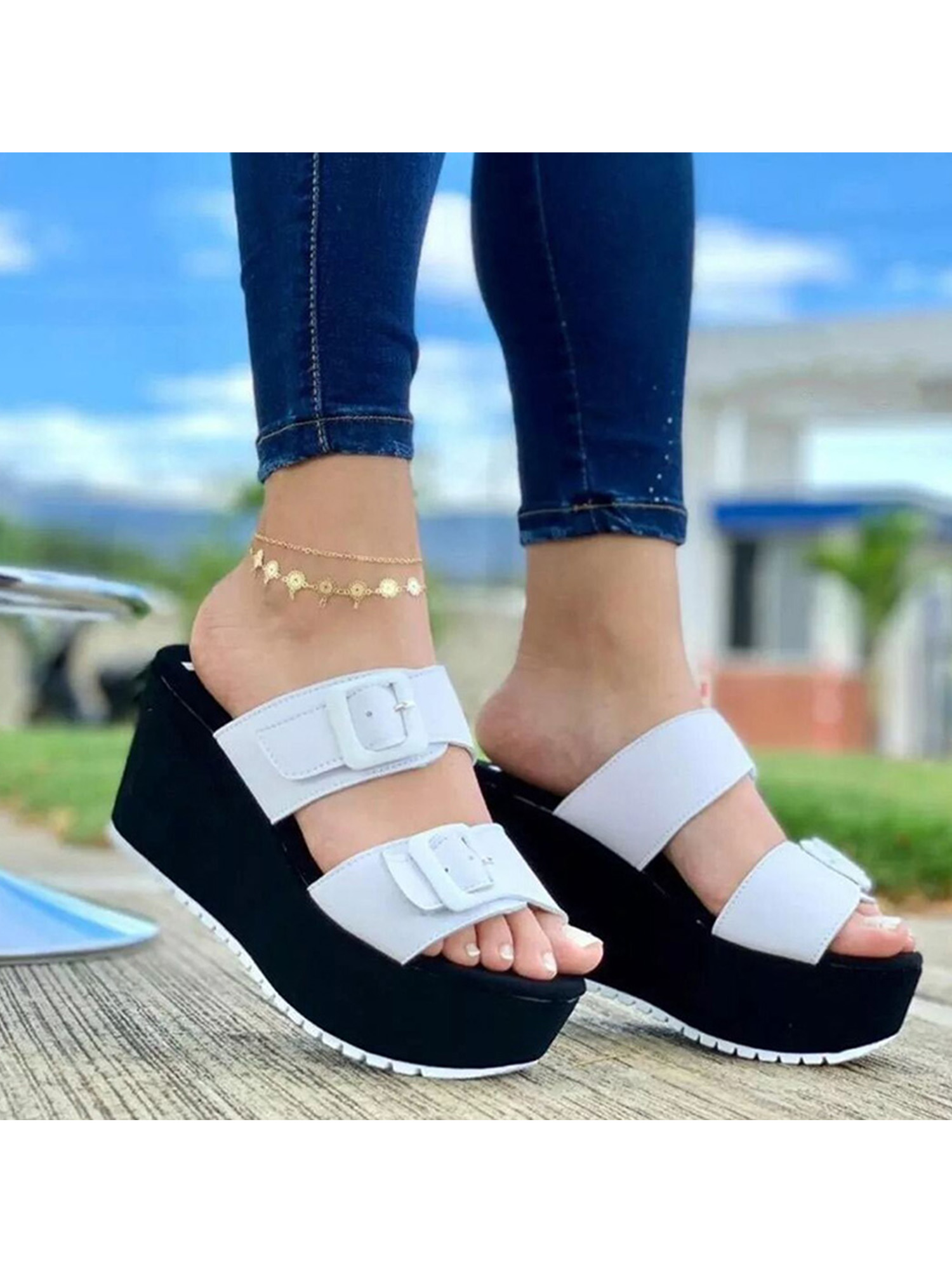 WOMENS LADIES LOW WEDGE MULES SLIP ONS FLATFORM BUCKLES BEACH SHOES SANDALS SIZE