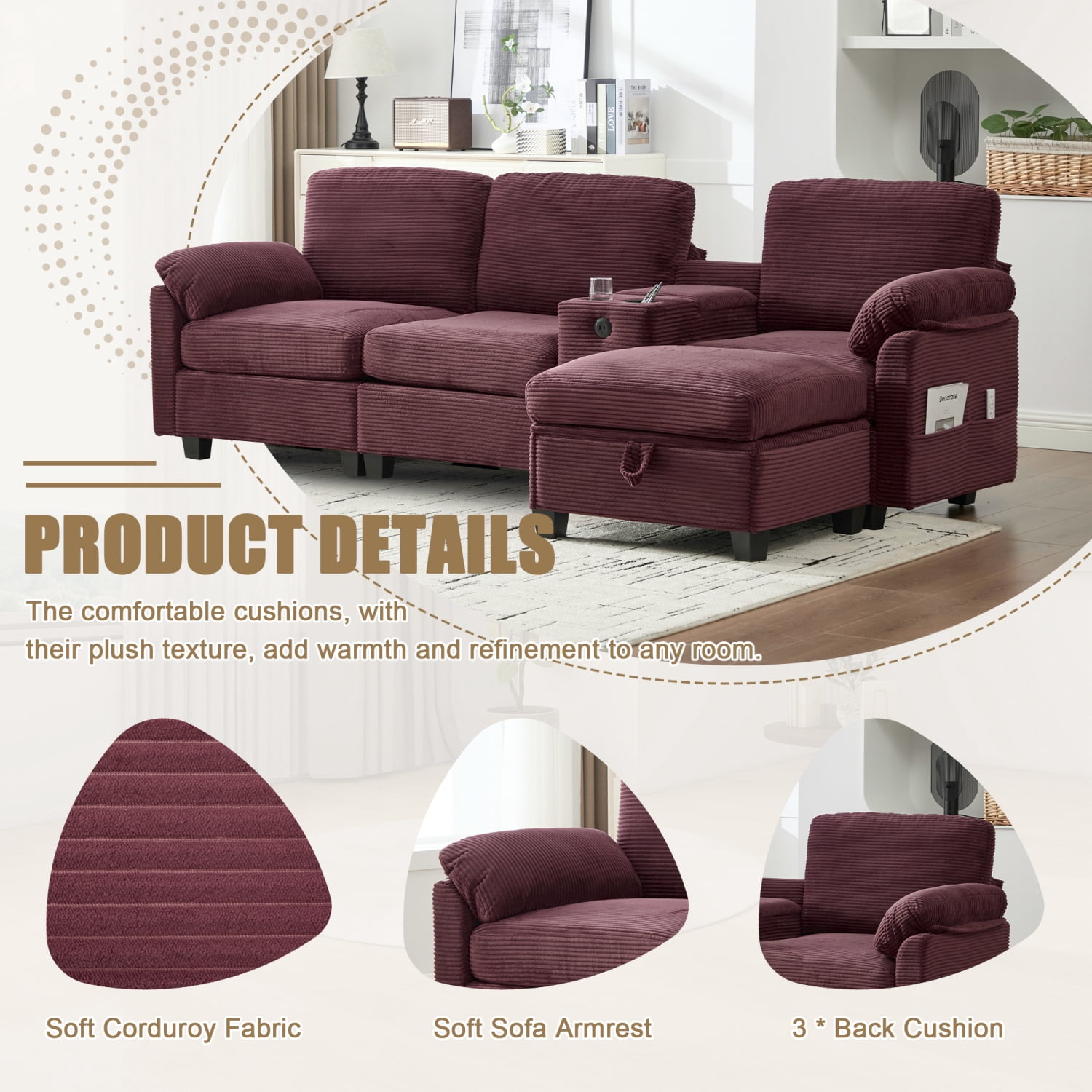 Leumius L-Shaped Sectional Sofa for Living Room,105" Modular 4-Seater Upholstered Sofa Couch with Cup Holder/USB Interface/Storage Box,Rose Red