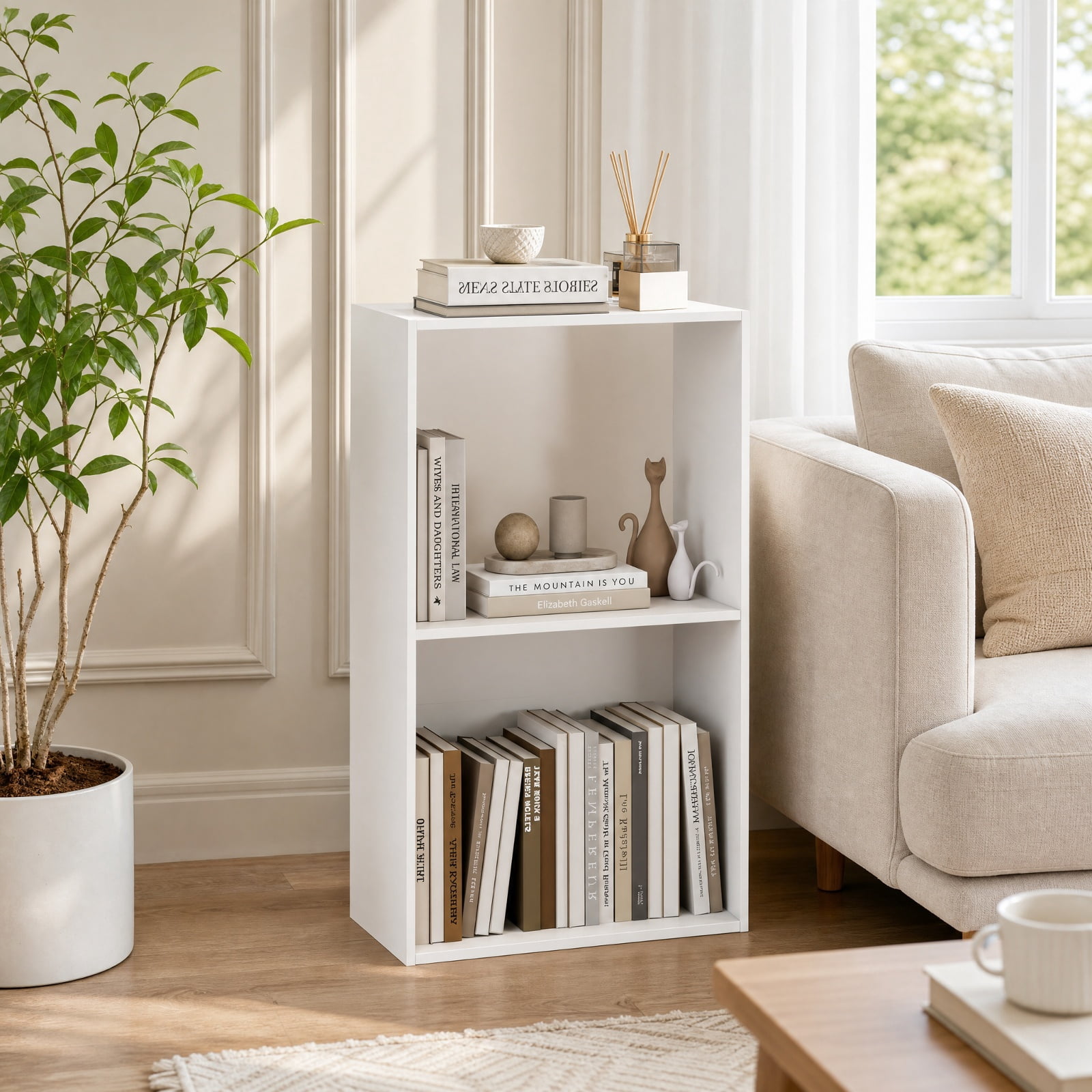Furnibear 3-Tier Freestanding Bookshelf with Open Storage Compartment Countertop and Anti-Toppling Device for Study and Home Office, White