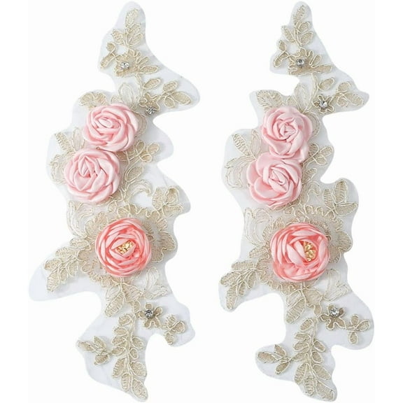 2Pcs Pink Flower Applique 3D Floral Polyester Rhinestone Embroidery Appliques Vintage Rose Beaded Sequin Lace Sew on Patches for Sewing Making Cloth Dress Gown Jeans Craft Accessories Supply