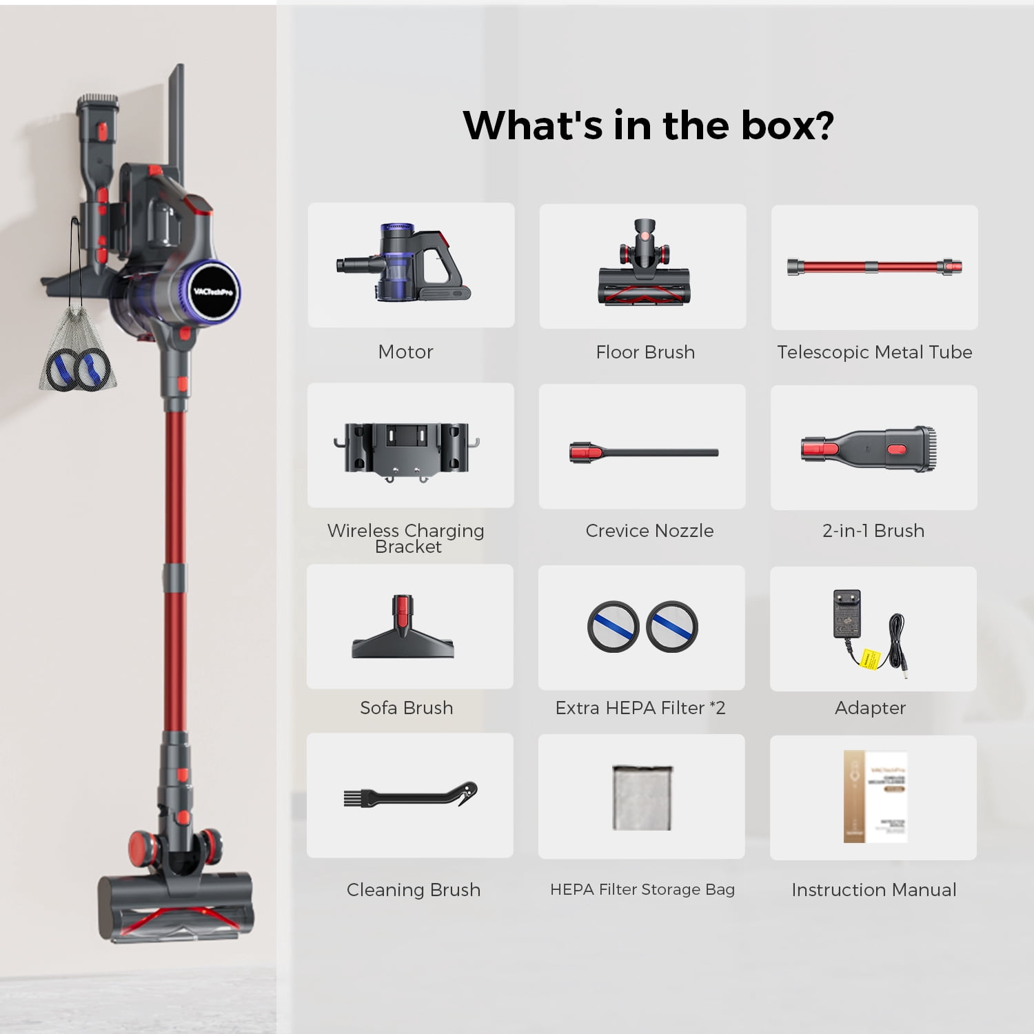 Cordless Vacuum Cleaner, 600W/55kPa Powerful Stick Vacuum, Lightweight Upright for Home Hard Floor Carpet Pet Hair