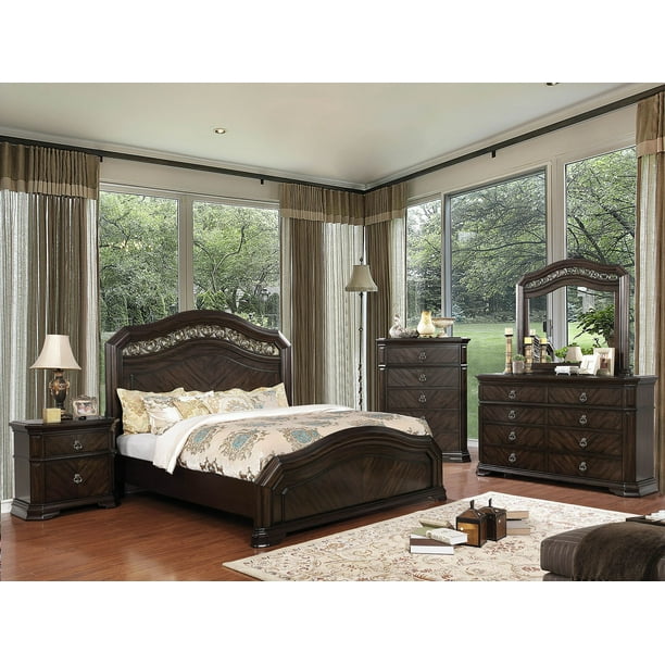 Bedroom Furniture Rich Espresso Finish Camel Back Design Eastern King Size Bed 4pc Set Dresser Mirror Nightstand Classic Intricate Wooden Hb Fb Walmart Com Walmart Com