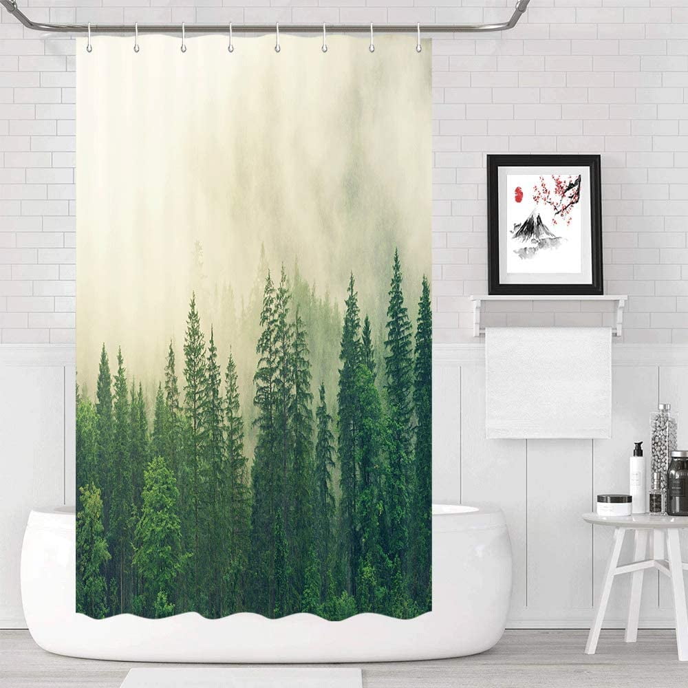 RV Shower Curtain, Forest Pine Tree Gradient Ombre Mountain Forest for Camper Trailer Camping