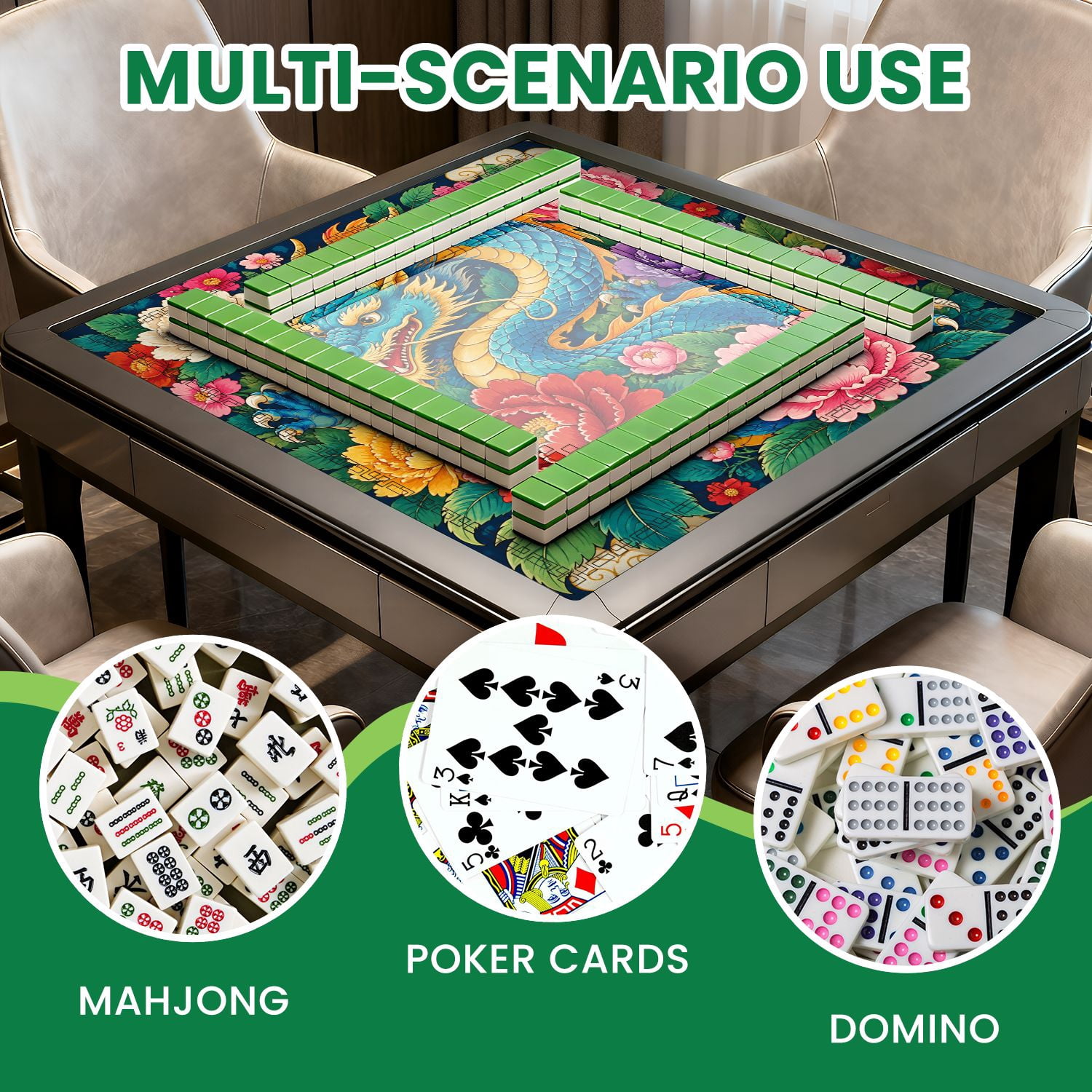 Mahjong Mat 31.5" x 31.5" Vibrant Amid Colorful Peonies Traditional Asian Style Non-Slip Noise Reduction American Mahjong Tiles Table Cover for Dominoes Poker Card Board Games Gift