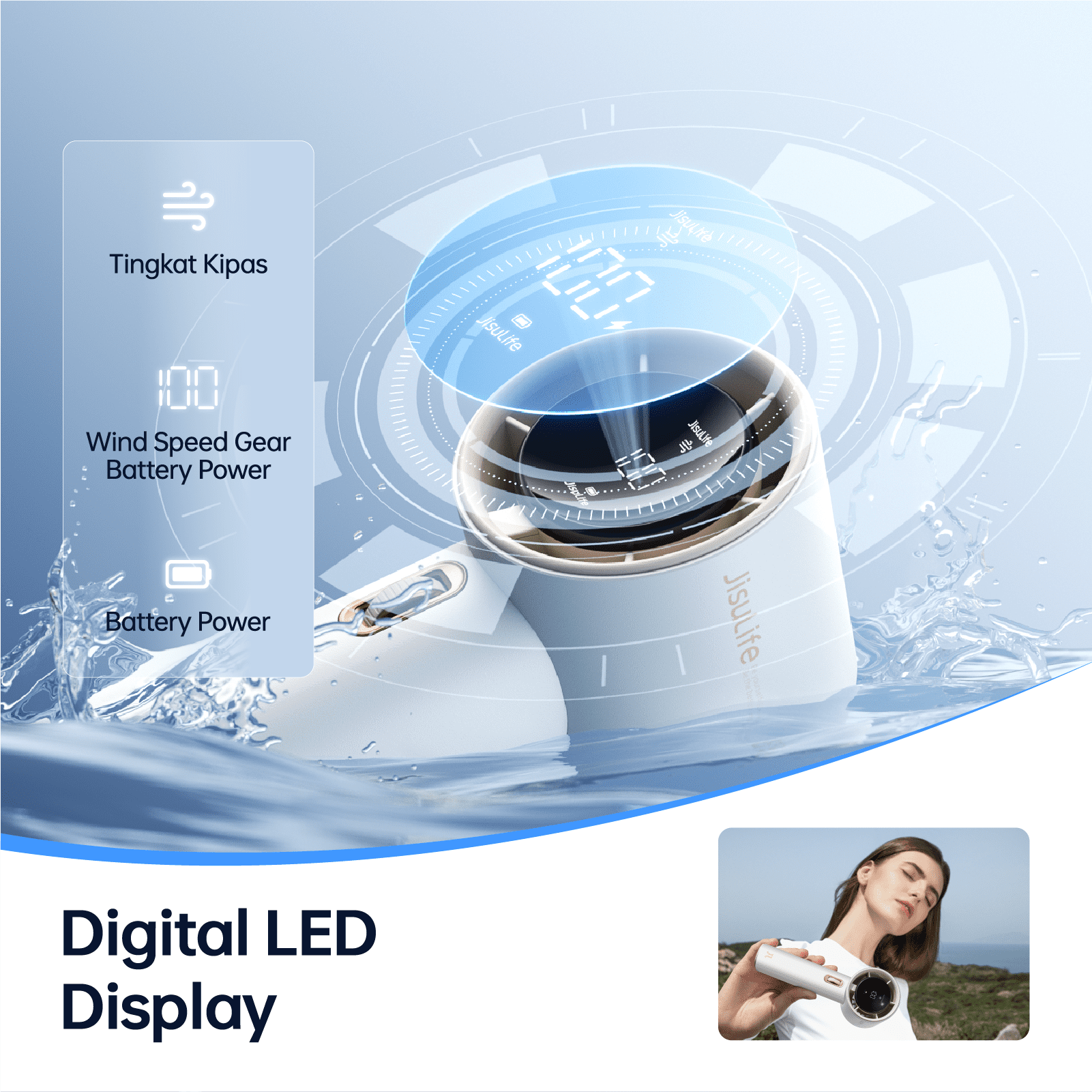 JISULIFE Portable Handheld Fan, Turbo Power High Speed Air [12Hrs Cooling], 100 Speeds, 3600mAh USB Rechargeable Mini Personal Fan, Digital Display, Gift for Travel/Outdoor -white