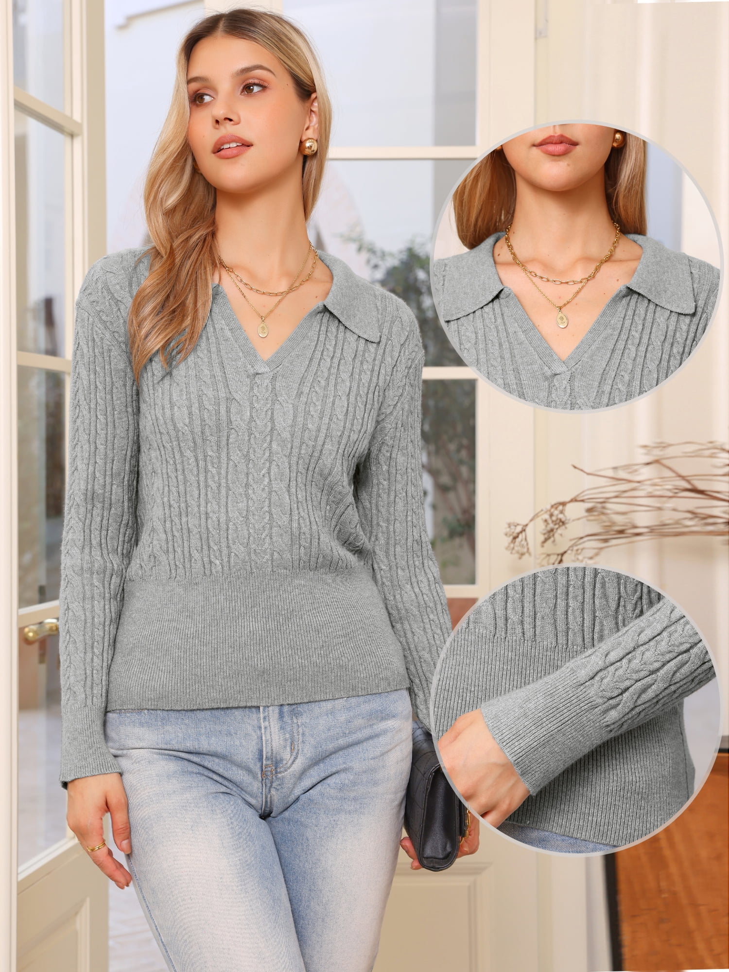DARING DIVA Fall Sweaters Collared V Neck Cable Knit Pullover Tops M Grey