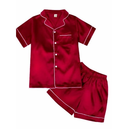 

Bullpiano Girls Boys Satin Short Sleeve Pjs Button-Down Pajamas Set Sleepwear Loungewear 2 Piece Short Sets Summer Sleepwear Clothes Set