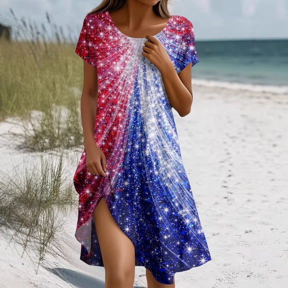 Maxi Dresses for Women 2026 Summer Independence Day Flag Print Dress Trendy Casual Crew Neck Short Sleeve USA Beach Holiday Dresses