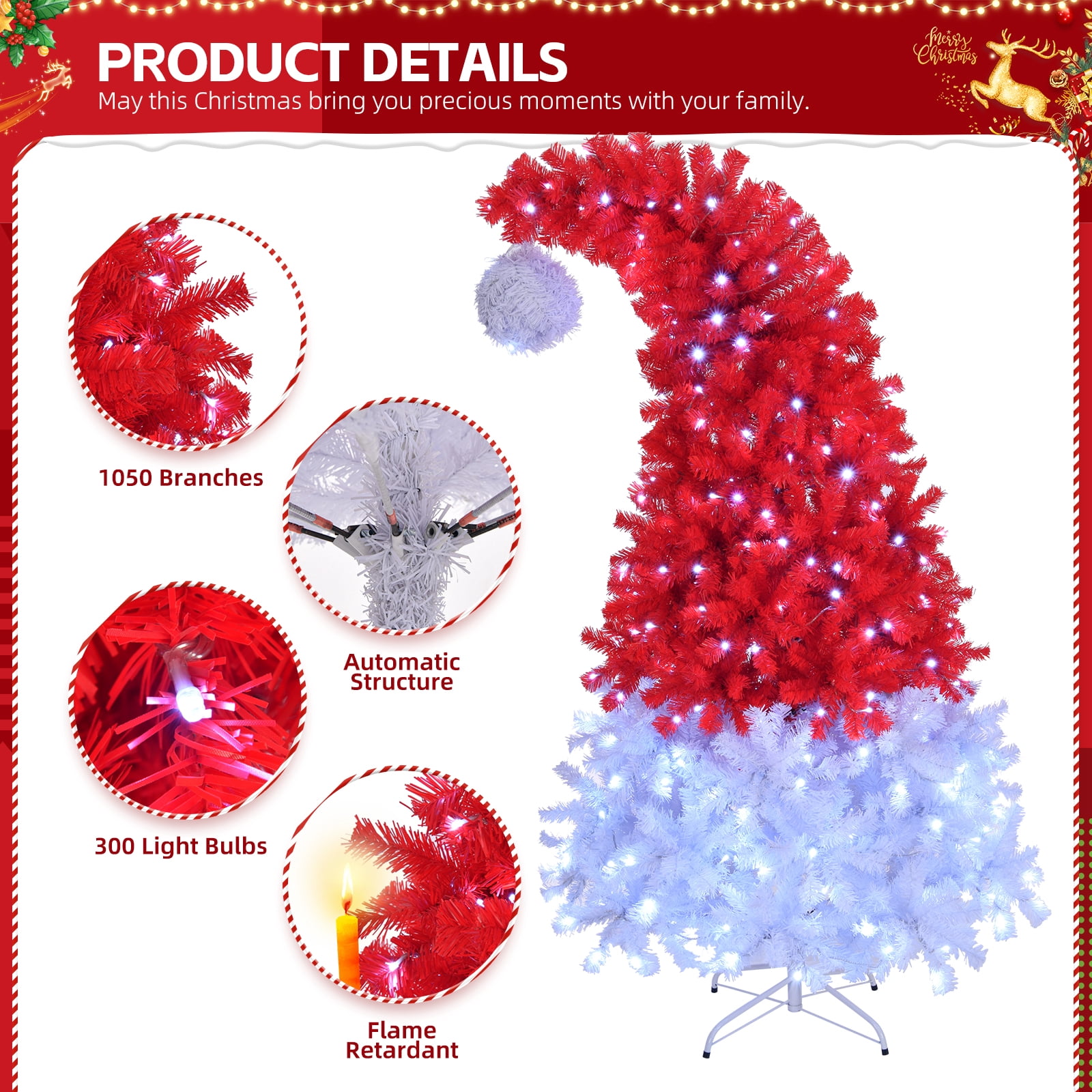 Astoutdoor 6 ft Santa Hat Style Pre-Lit Christmas Tree, Red and White, 300 Lights, 1050 Branch Tips