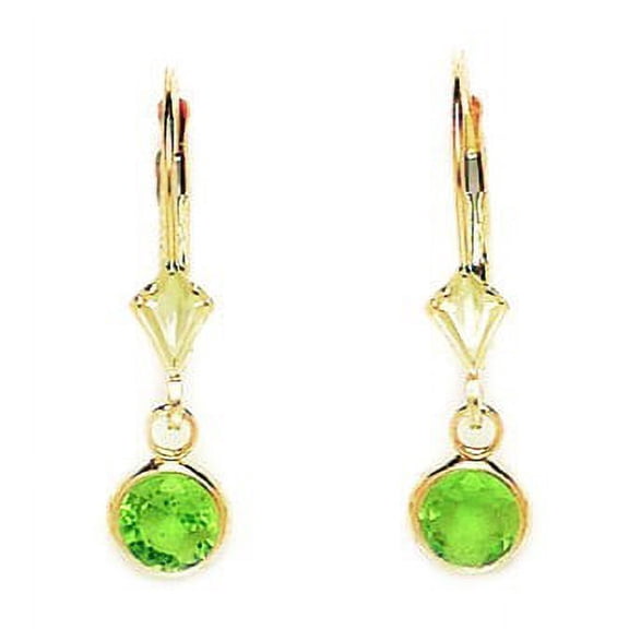 14k Yellow Gold August Green CZ Small Round Drop Leverback Earrings - Measures 23x6mm