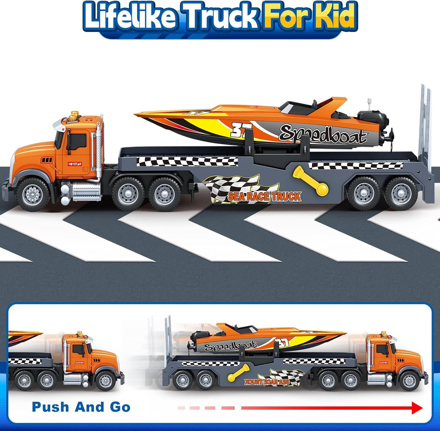 3-in-1 Large Flatbed Truck Toy with a Sea Race Truck, Friction Powered Vehicles Toys with Lights and Sounds, Gift for 3+ Year Old Kids Boys Girls