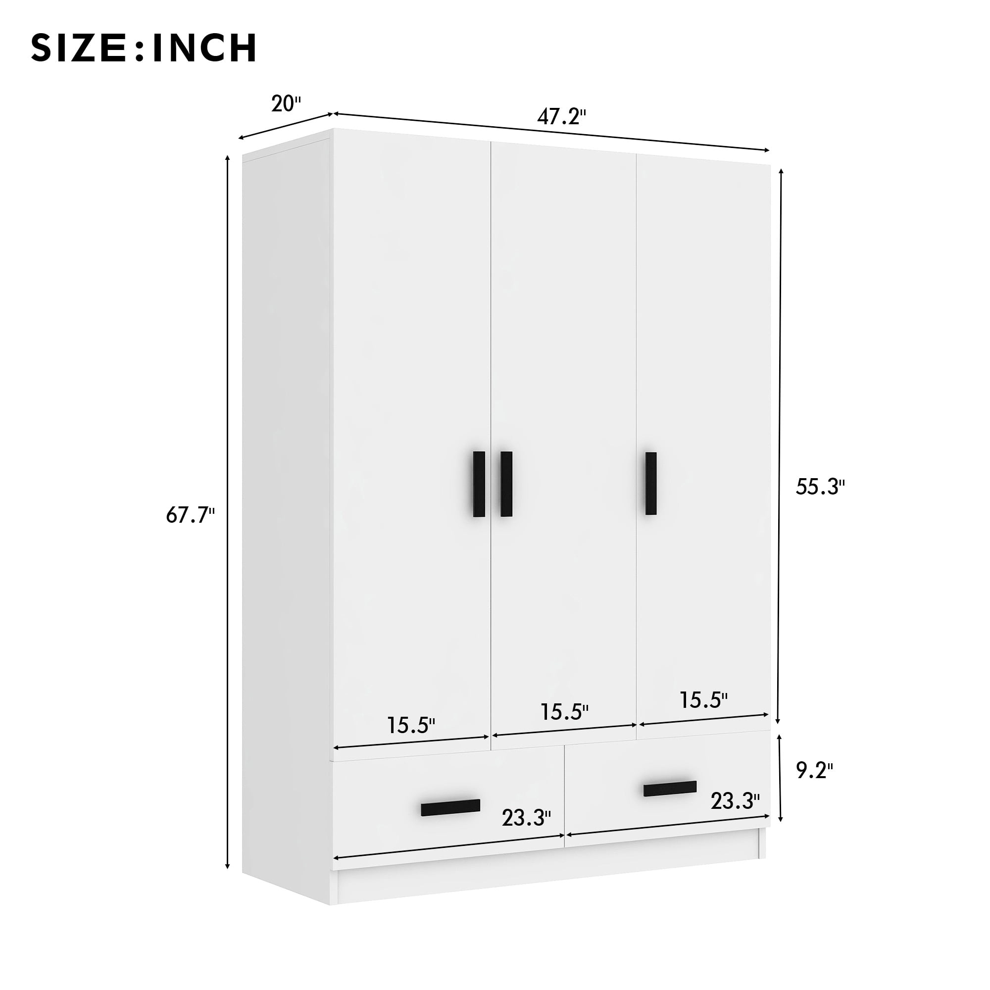 EUROCO 67.7 Modern Armoire Wardrobe, 3 Door Cabinet Closet with Clothing Rods for Kids Adutls, White