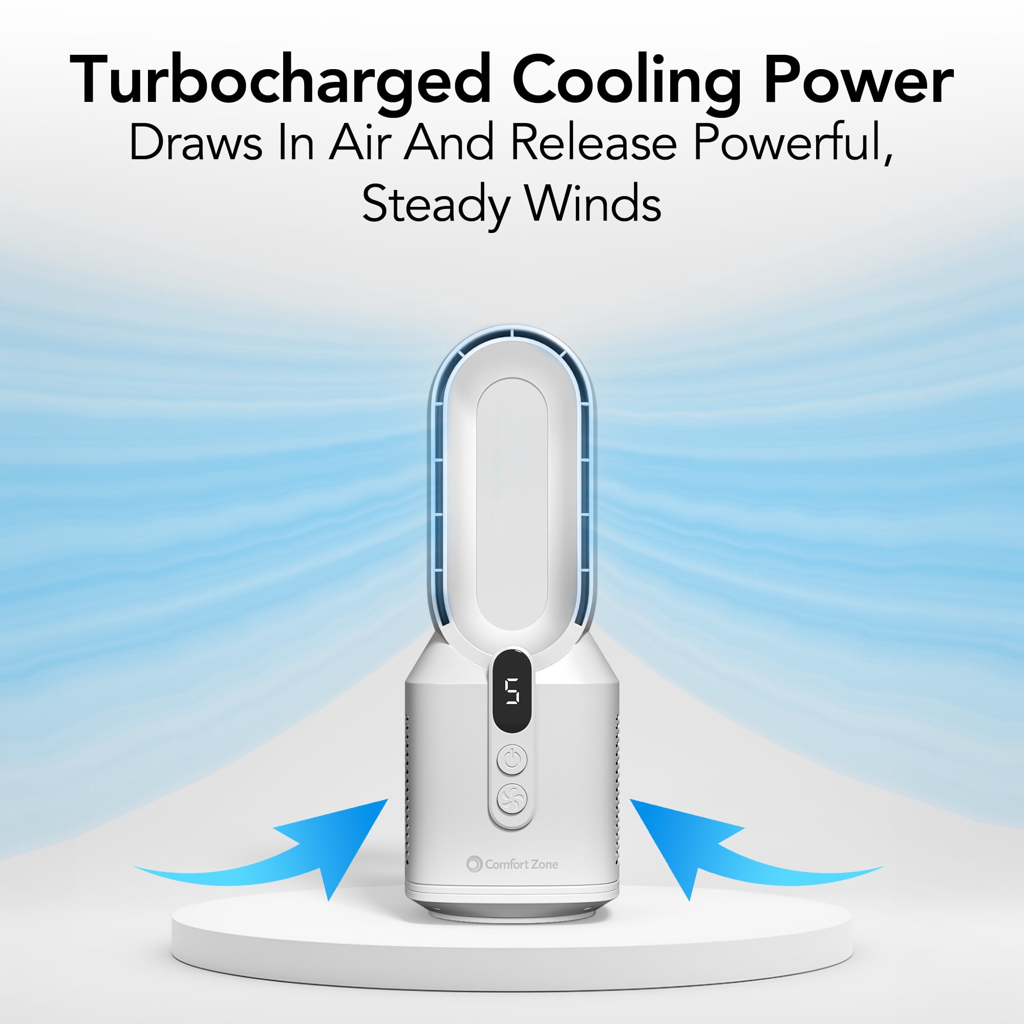 Comfort Zone 14" Rechargeable Bladeless Tabletop Fan, White