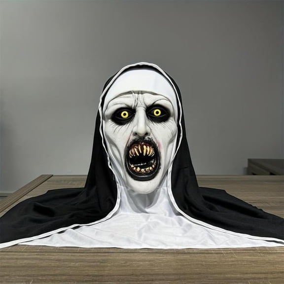 Halloween Evil Nun Latex Mask Creepy Demon Costume Mask with Black Veil for Adult Cosplay Party