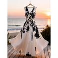 thumbnail image 2 of Women's Sleeveless V-Neck Waist-Twist Floral Midi Dress, Black & White Print, Flared Summer Dress, 2 of 6