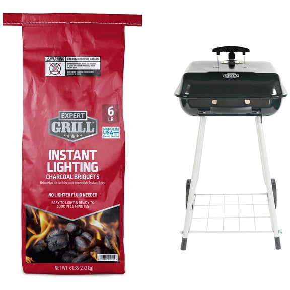 Expert Grill 17.5 Inch Charcoal Grill with Wheels and Instant Lighting Charcoal Briquettes Bundle