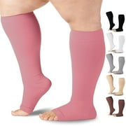 Mojo Compression Socks Graduated Stockings - Small Unisex - Pink Opaque Plus Size Knee-Hi 20-30mmHg - Wide Calf Support with Open Toe - for Lymphatic Issues & Post-Thrombotic Syndrome - 1 Pair