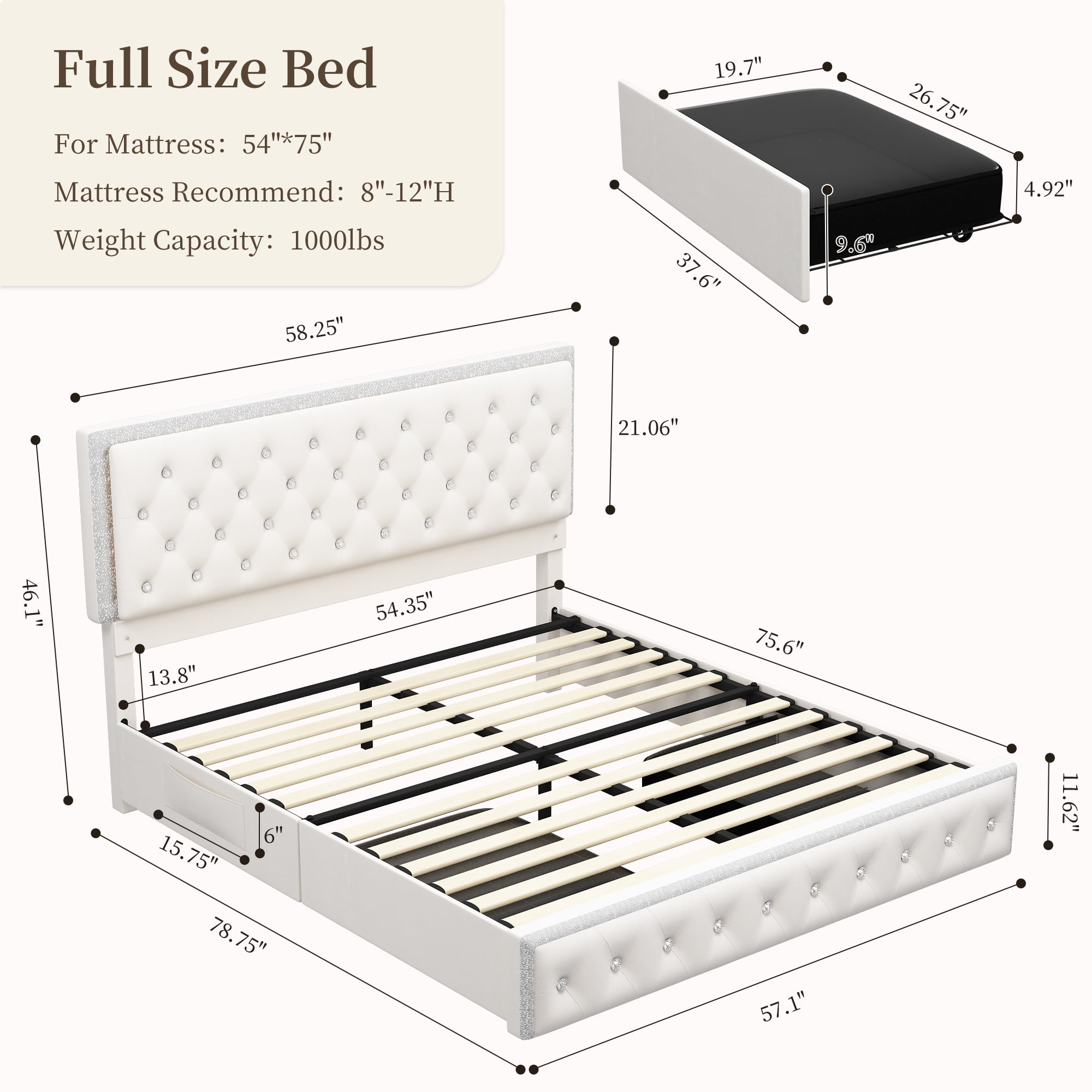 SIBEDS Full Upholstered LED Bed Frame with 2 Storage Drawers, Velvet Cream Diamond Tufted Headboard, RGB Lights, Noise Free, No Box Spring Needed