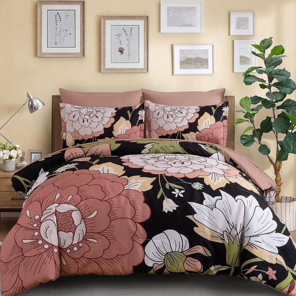 7 Pieces Black Floral Comforter Set King Size Blush Pink Botanical Bed in a Bag, Soft Microfiber Boho Farmhouse Bedding Floral Comforter with Sheets Set for All Season (104''x90'')