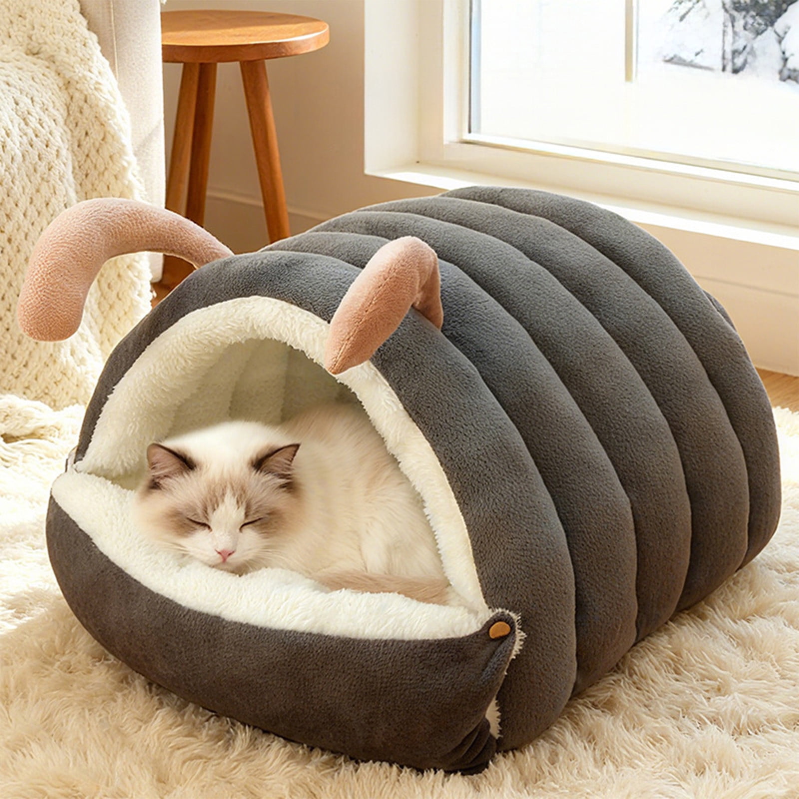 Winter-Warm Semi-Enclosed Cat Bed, Soft Foldable Removable Washable Pet Bed for Indoor Cats and Small Dogs, Plush Cuddler Snuggle Cave with Cushion, Cozy Sleeping Pod House for Kittens, Pets