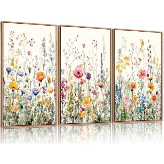 Floral Canvas Wall Art, Framed Wildflower Pictures Wall Decor, Large Flower Prints, Colorful Botanical Artwork, Watercolor Painting 3 Panel 16x24 Inches for Living Room, Bedroom, Office, Home