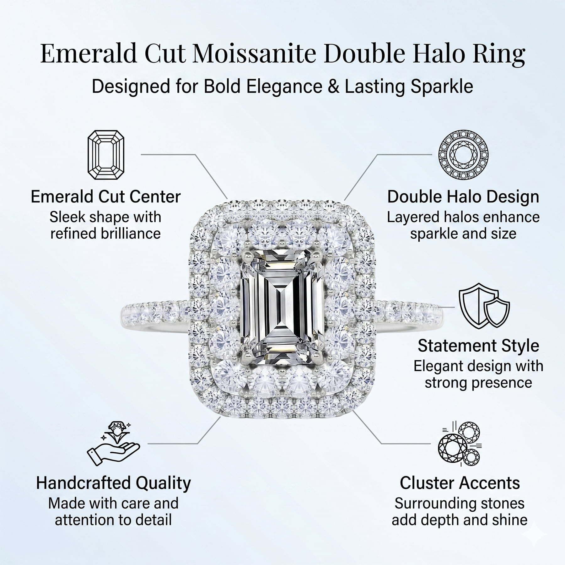 JeenMata 1.5 Carat Emerald Cut Moissanite Engagement Ring - Bridal Ring - Double Halo Ring - Cluster Ring - 18k Yellow Gold Plating for Women