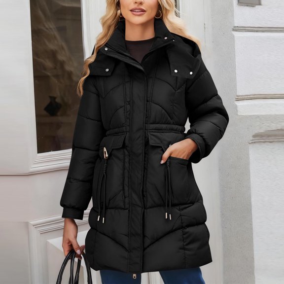 Zedker Women's Puffer Coat Waterproof Long Down Jacket,Warm Winter Hooded Thickened for Hiking Outdoor,Plus Size Black L
