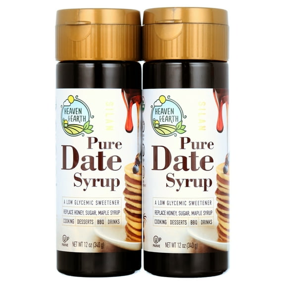 Heaven & Earth 100% Pure Organic Date Syrup, Silan, 12oz 2 Pack  All Natural Honey or Maple Syrup Alternative  Low Glycemic Index  Great Sugar Replacement  Organic Date Honey  Kosher -...